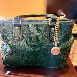Emerald Croc-Embossed Structured Satchel with Gold Charm